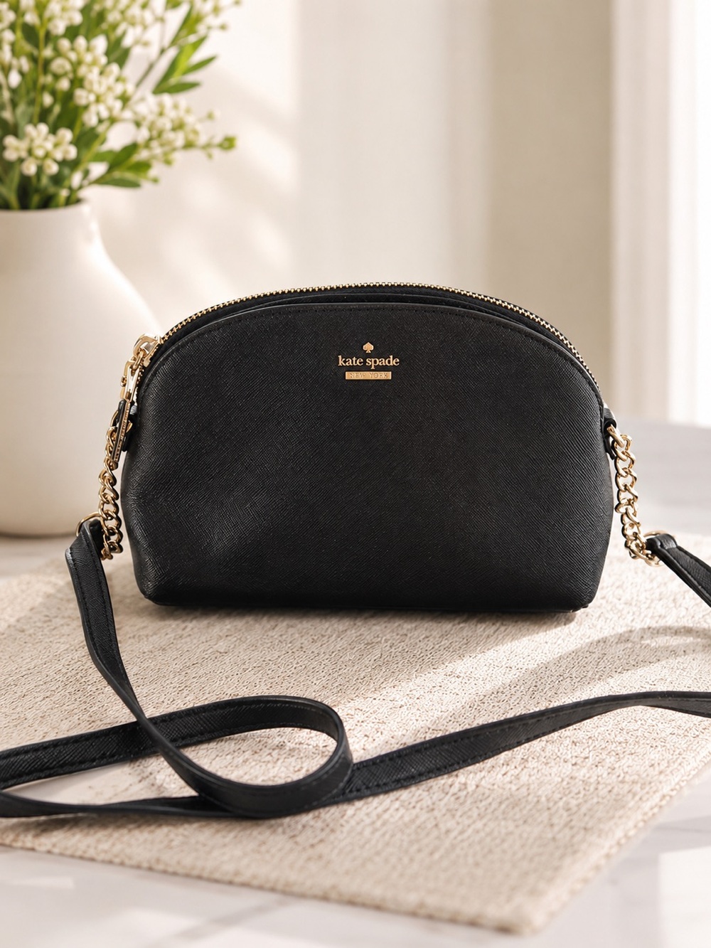 Kate Spade Black Saffiano Dome Crossbody with Gold Hardware